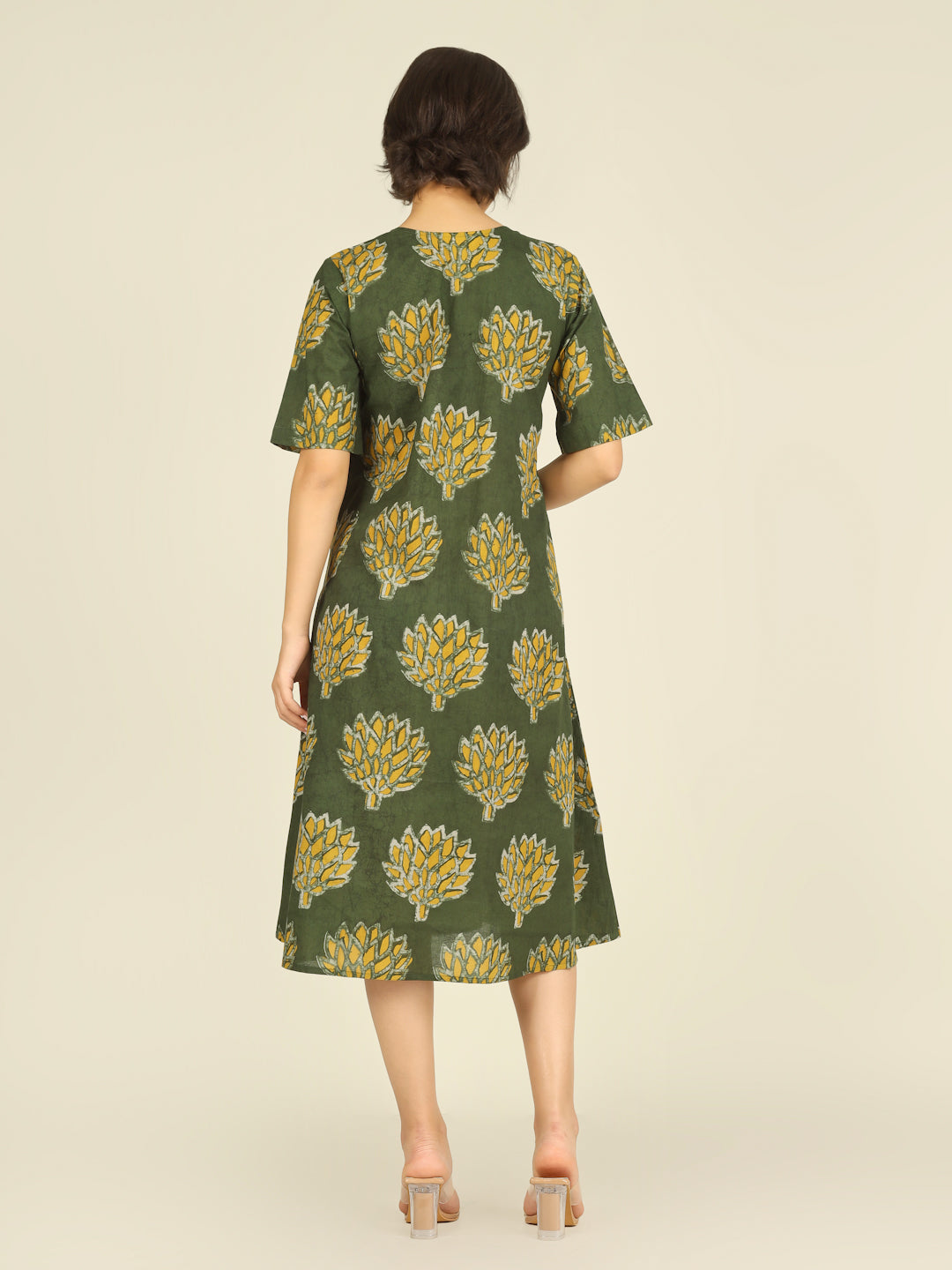Green Printed Half-Sleeve A-Line Cotton Dress