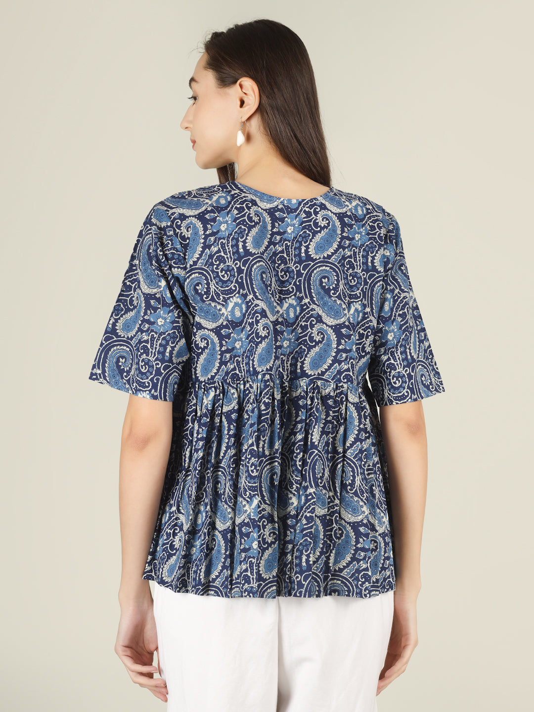 Blue Printed Half-Sleeve Alia-Cut Cotton Peplum Top