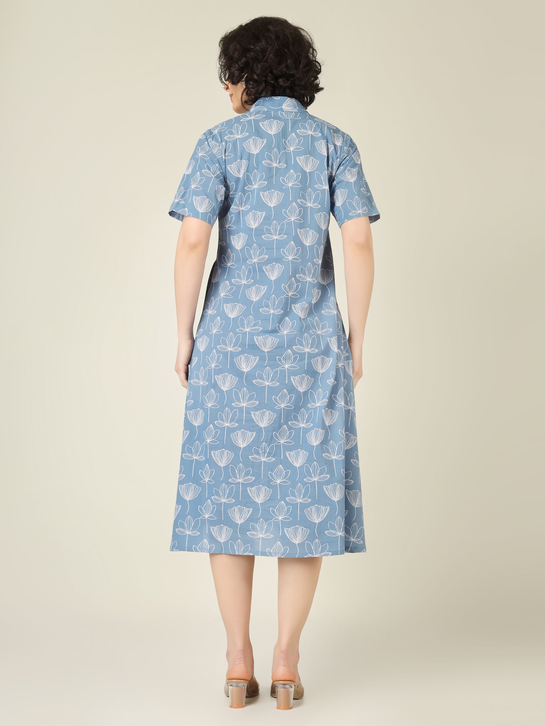 Sky Blue Printed A-Line Cotton Shirt Dress