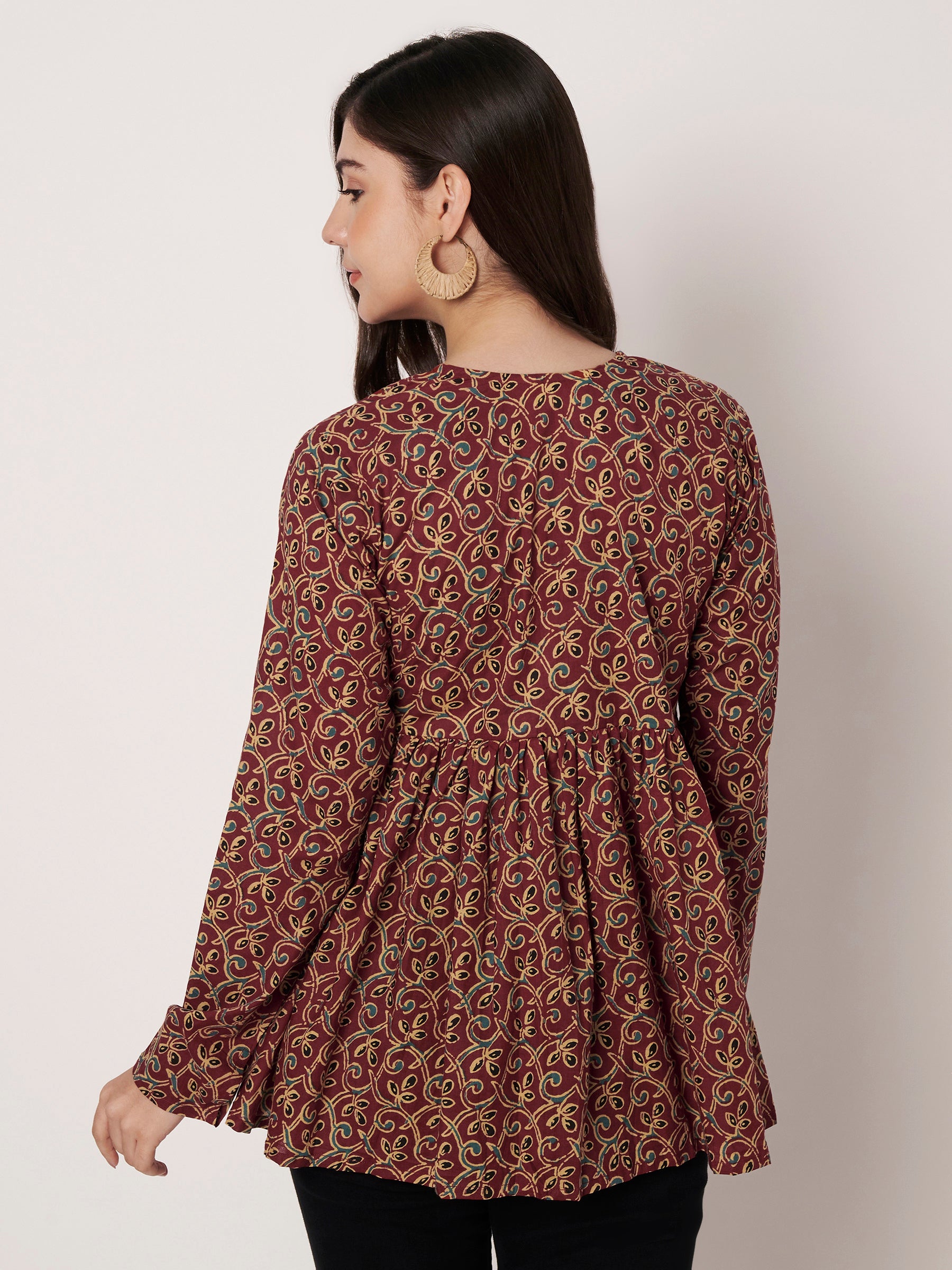 Maroon Printed Alia-Cut Cotton Top