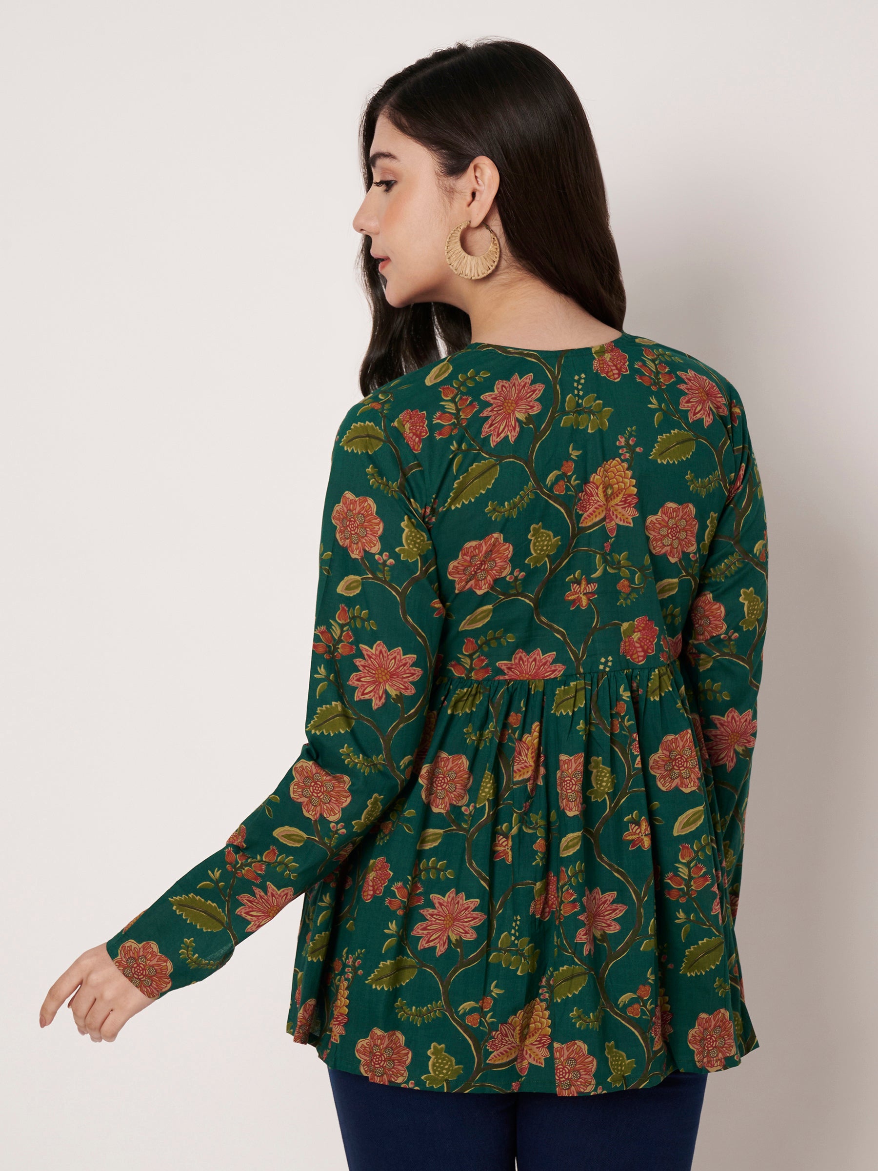 Green Printed Alia-Cut Cotton Top