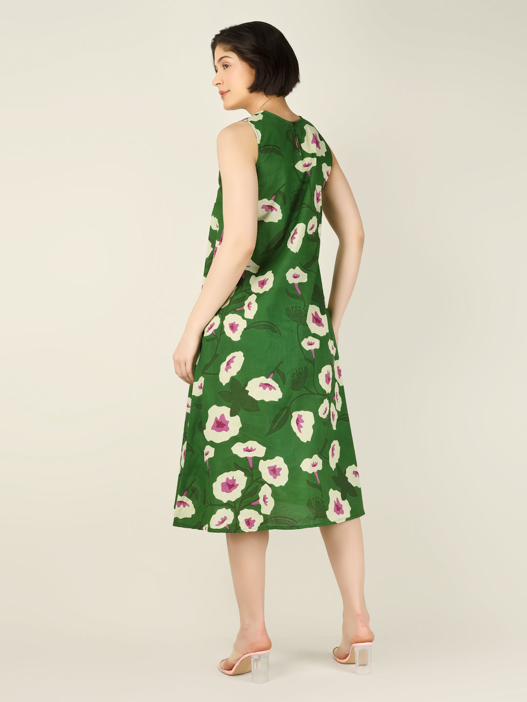 Green Printed Sleeveless A-Line Cotton Dress