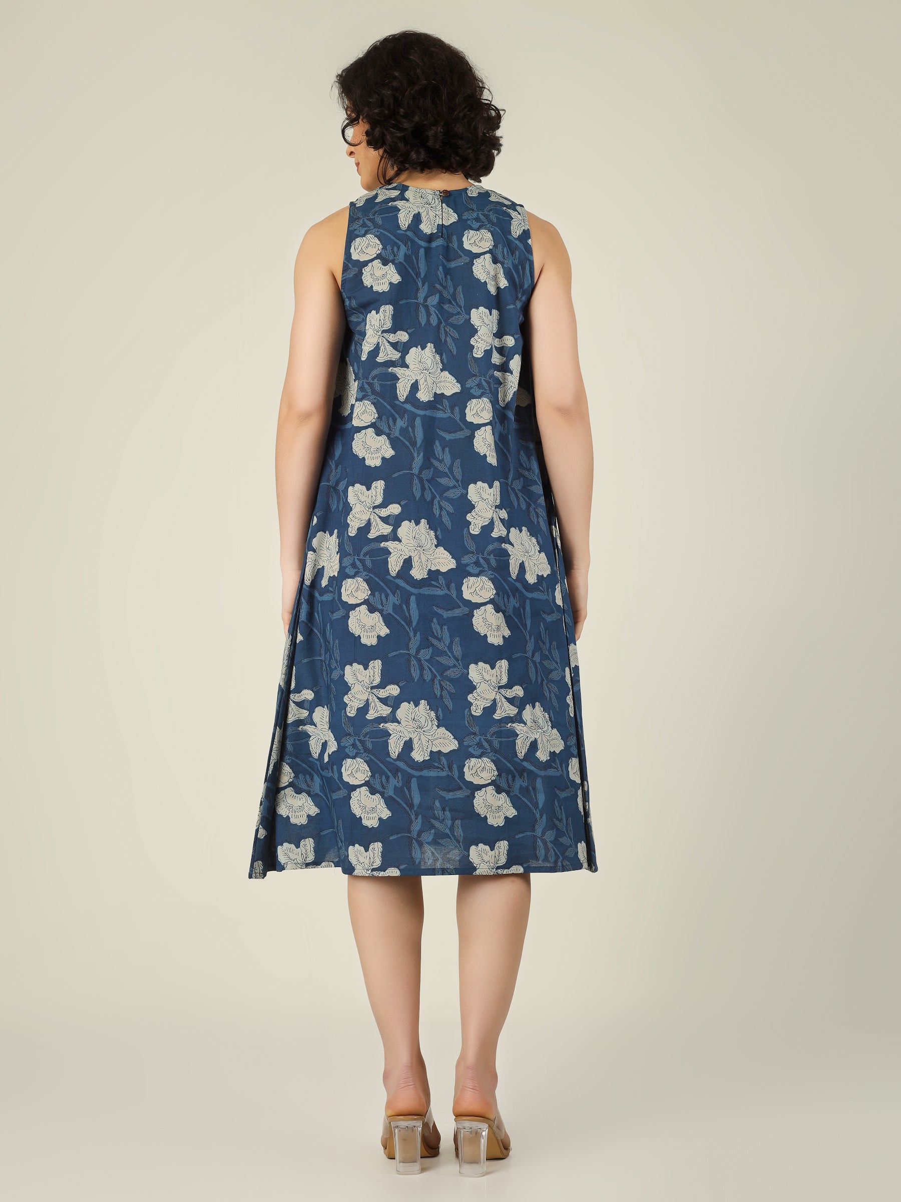 Blue Printed Sleeveless A-Line Cotton Dress