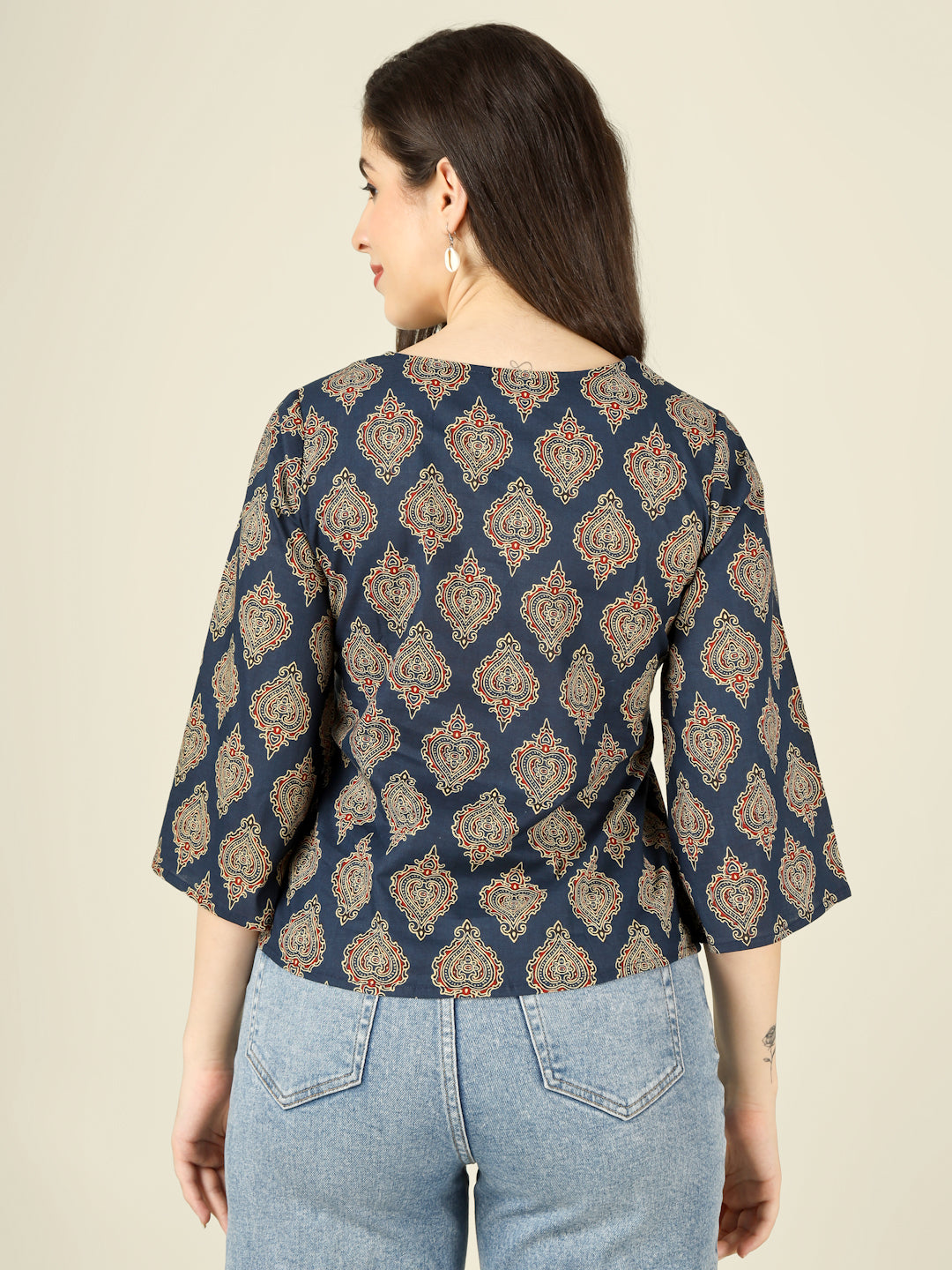 Navy Blue Printed Straight Bell-Sleeves Top
