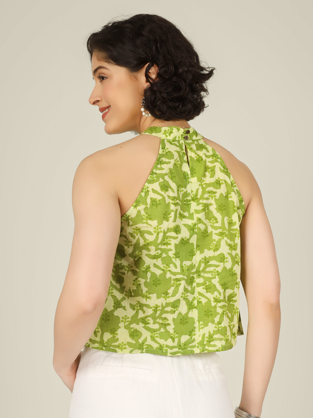 Green Printed Halter Neck Sleeveless Cotton Top