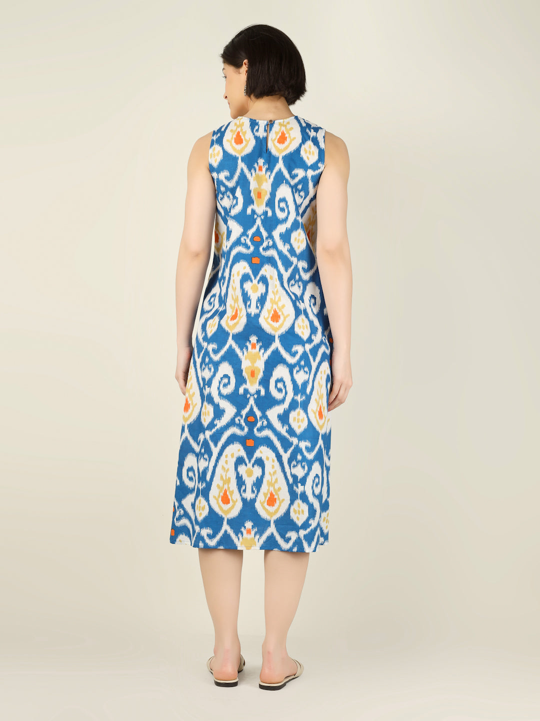 Blue Printed Sleeveless A-Line Cotton Dress