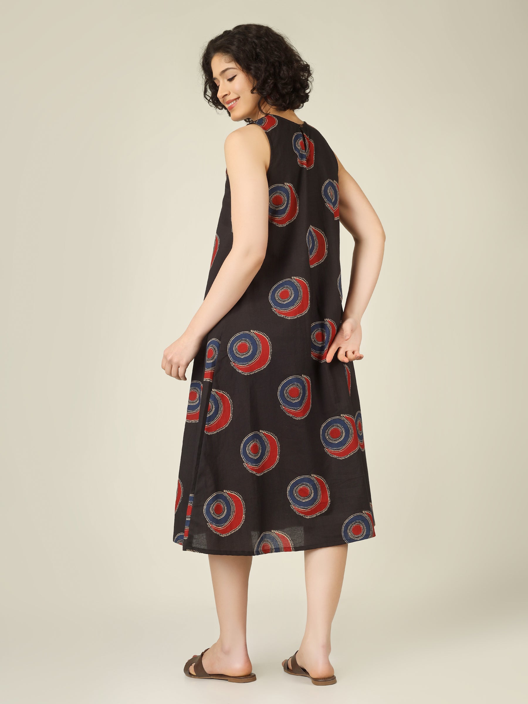 Black Printed Sleeveless A-Line Cotton Dress