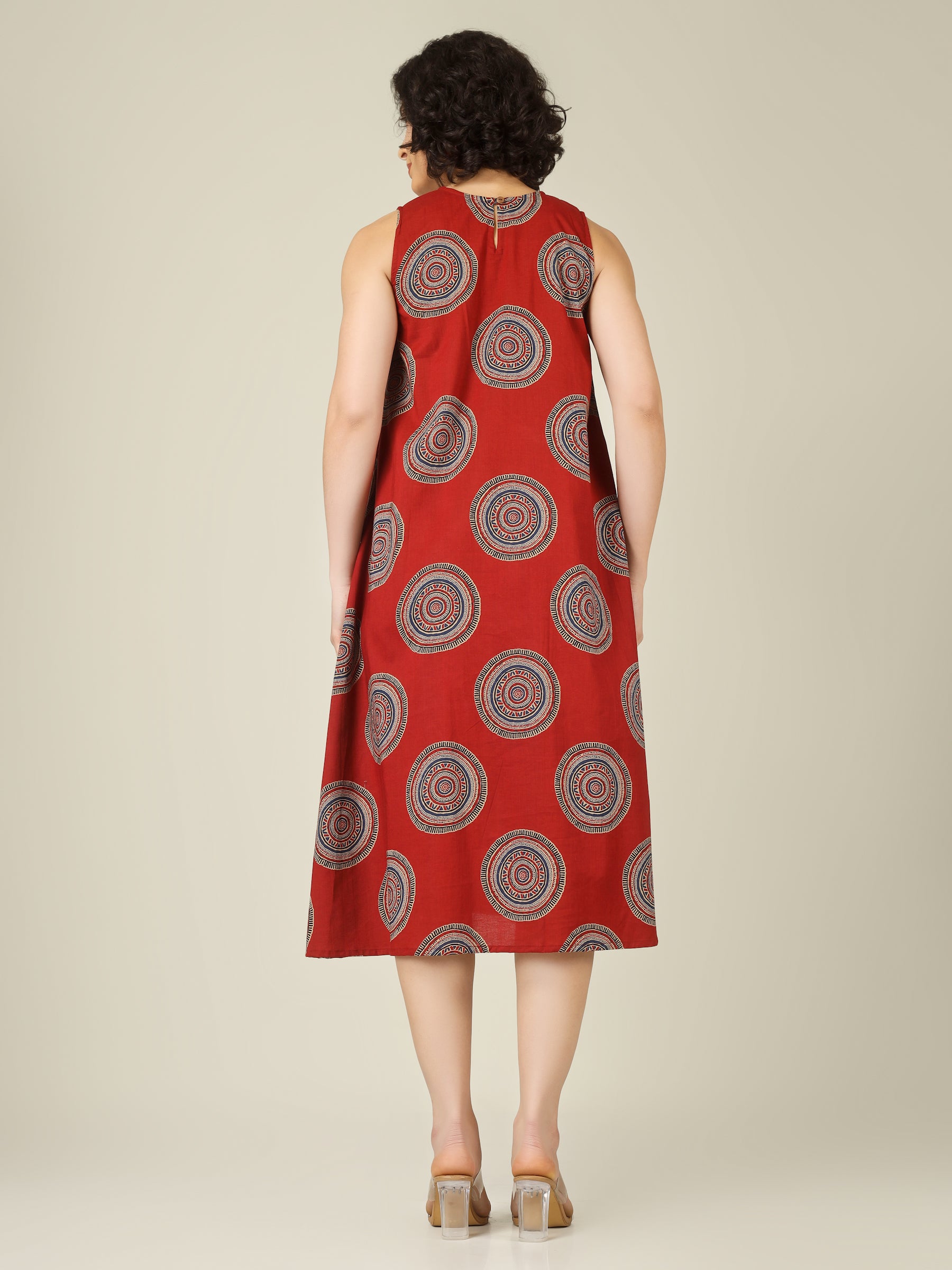Maroon Printed Sleeveless A-Line Cotton Dress