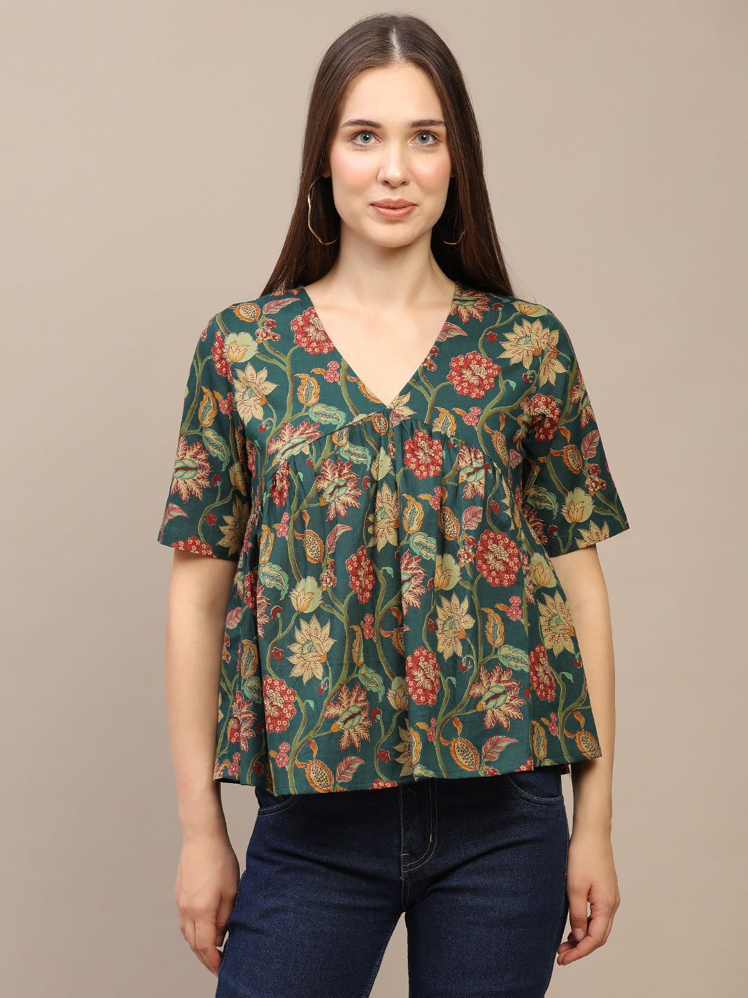 Green Printed Half-Sleeve Alia-Cut Cotton Top