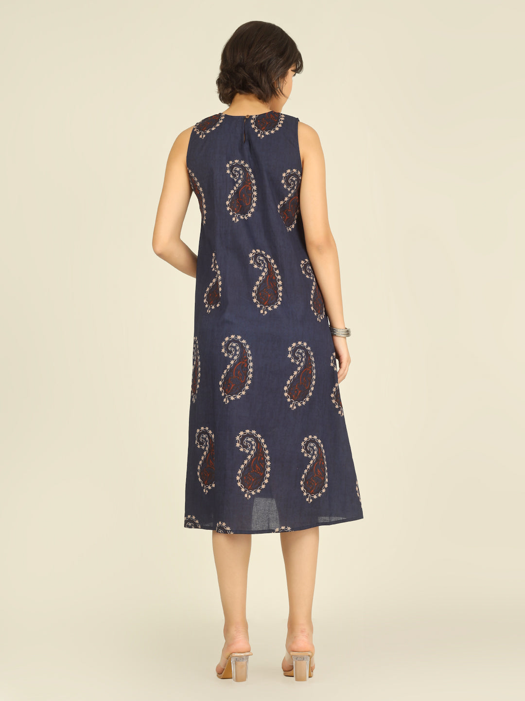 Navy Blue Printed Sleeveless A-Line Cotton Dress