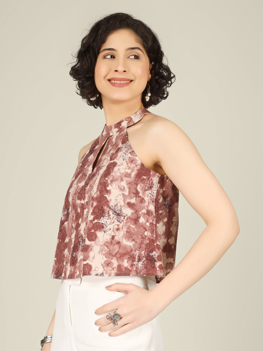 Brownish Red Printed Halter Neck Sleeveless Cotton Top