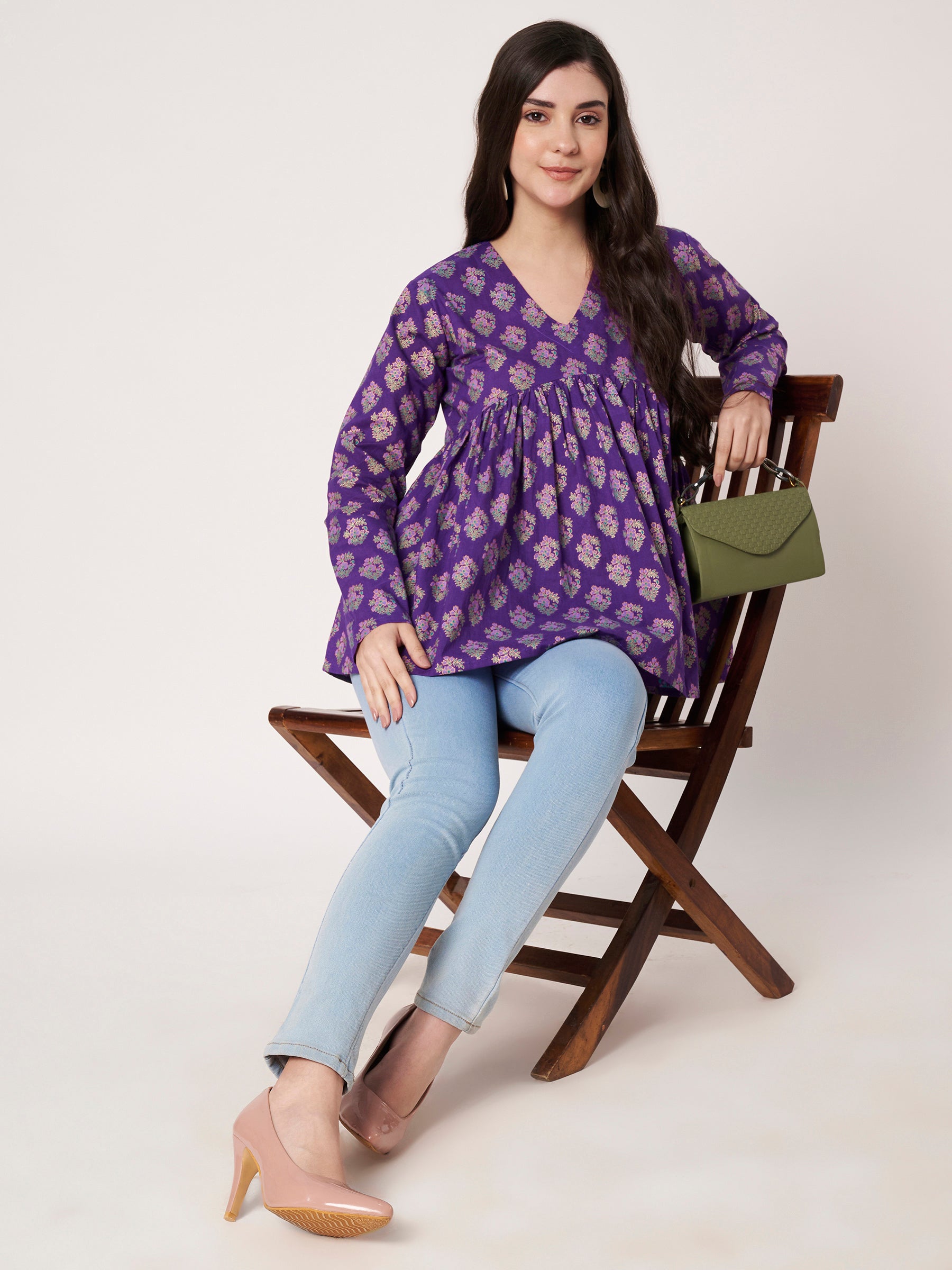 Purple Printed Alia-Cut Cotton Top