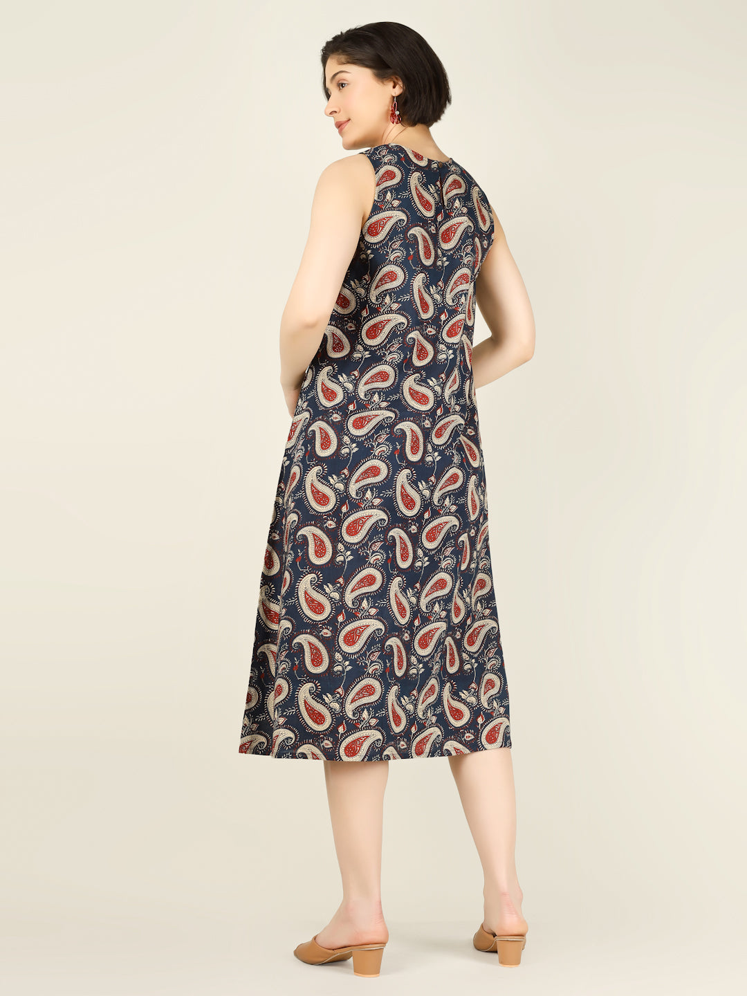 Navy Blue Printed Sleeveless A-Line Cotton Dress