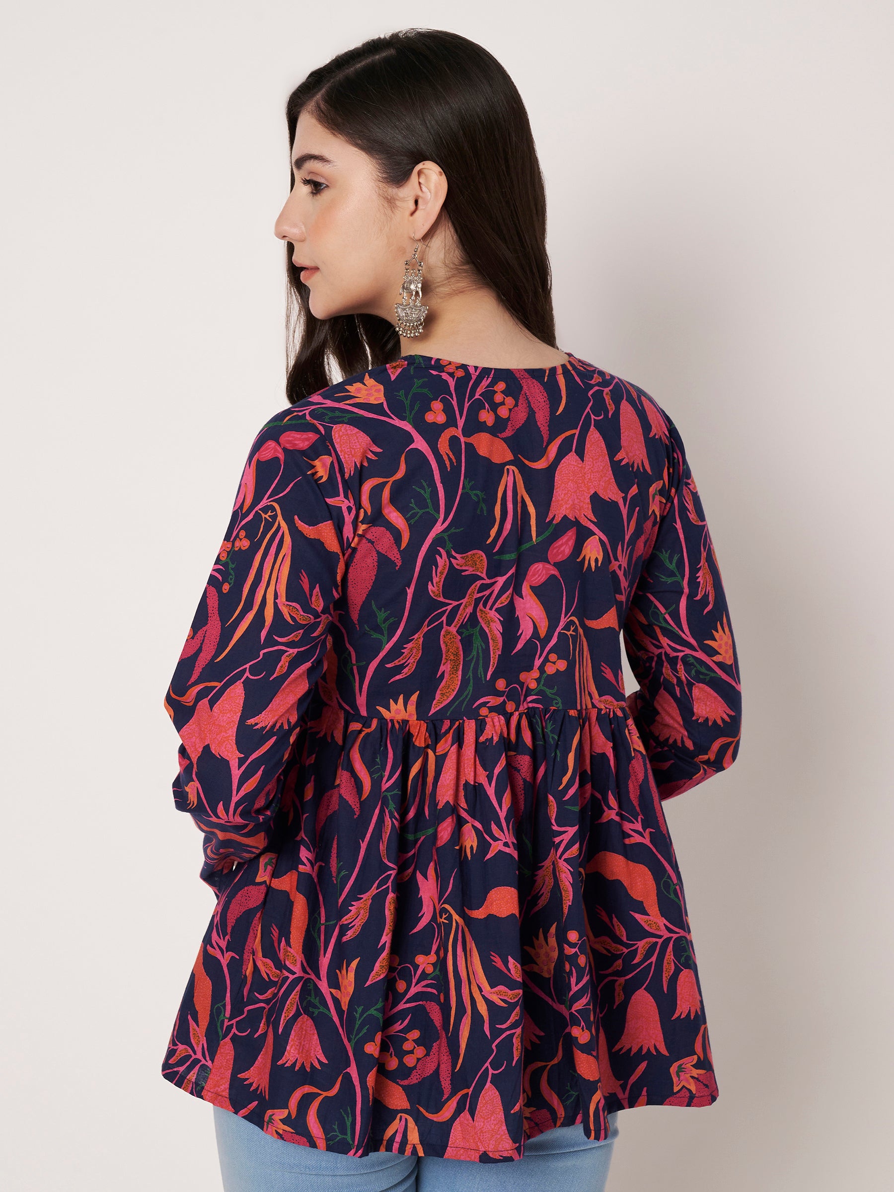 Dark Blue Printed Alia-Cut Cotton Top