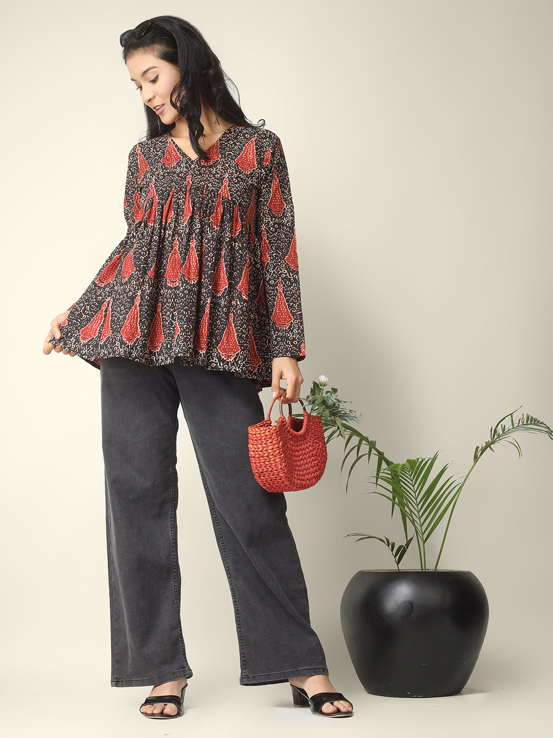 Black Printed Alia-Cut Cotton Peplum Top