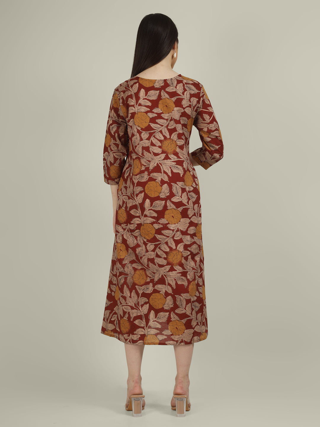 Maroon Printed 3/4th Sleeve A-Line Cotton Dress