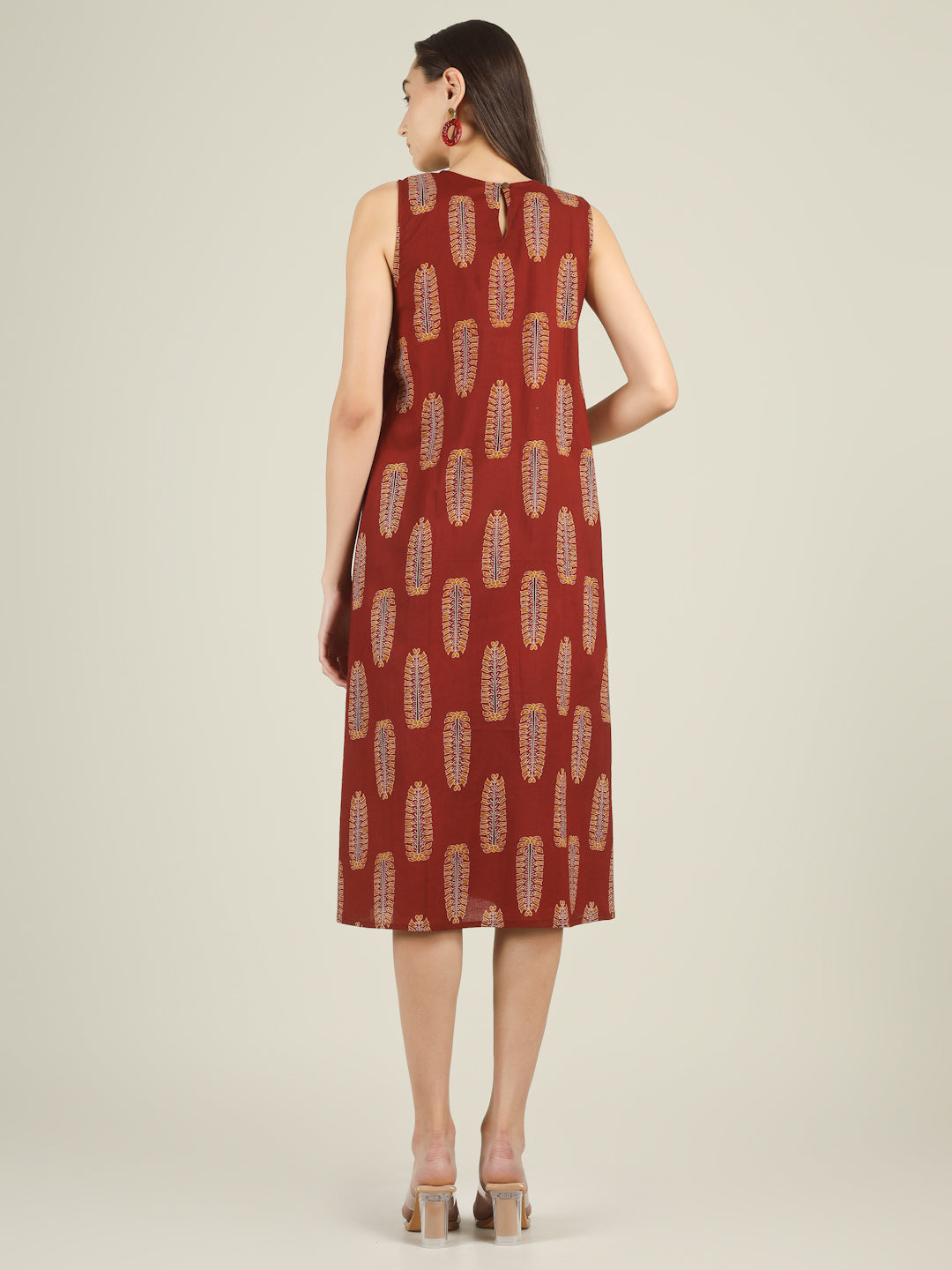 Maroon Printed Sleeveless A-Line Cotton Dress