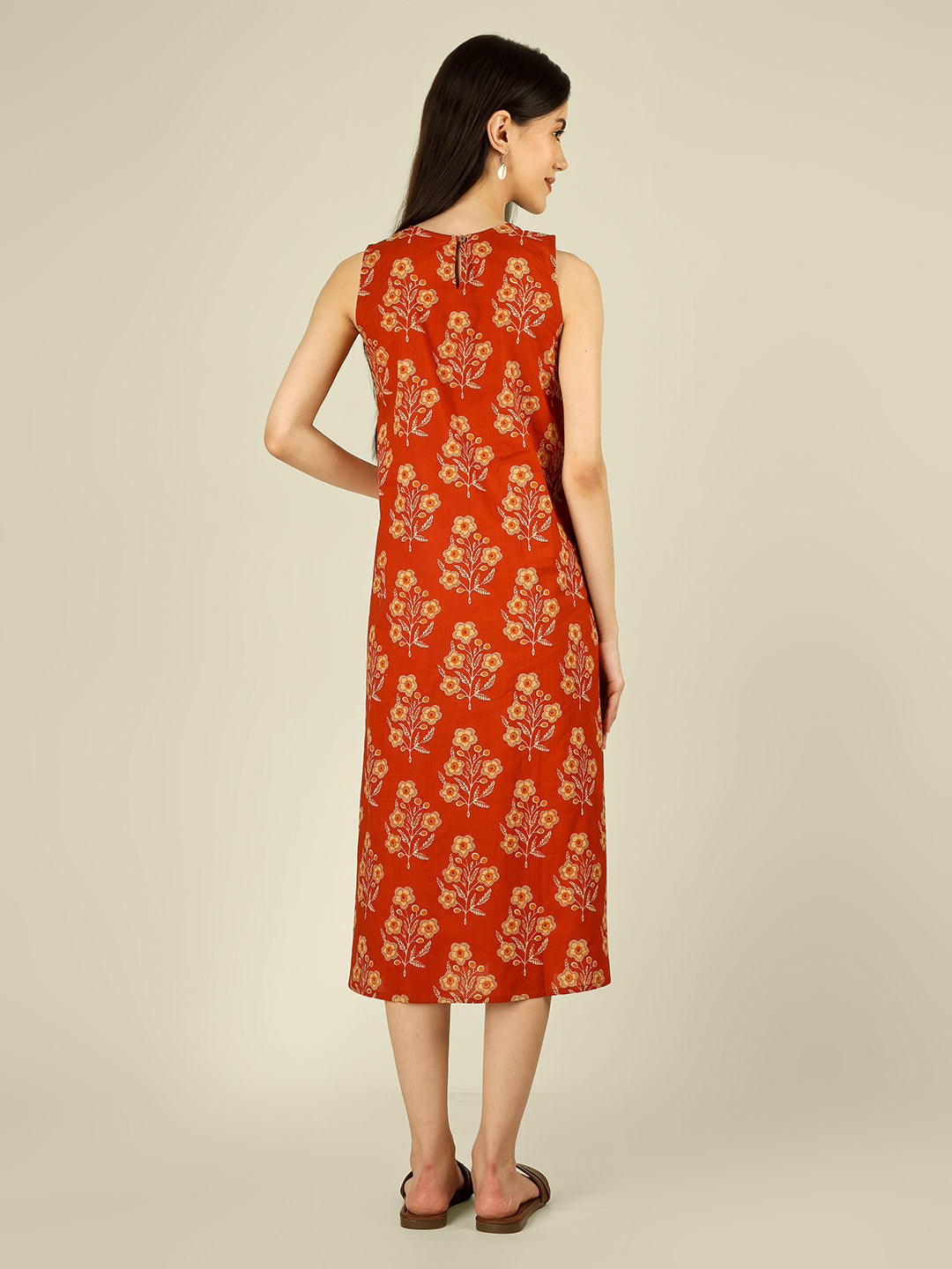Orange Printed Sleeveless A-Line Cotton Dress