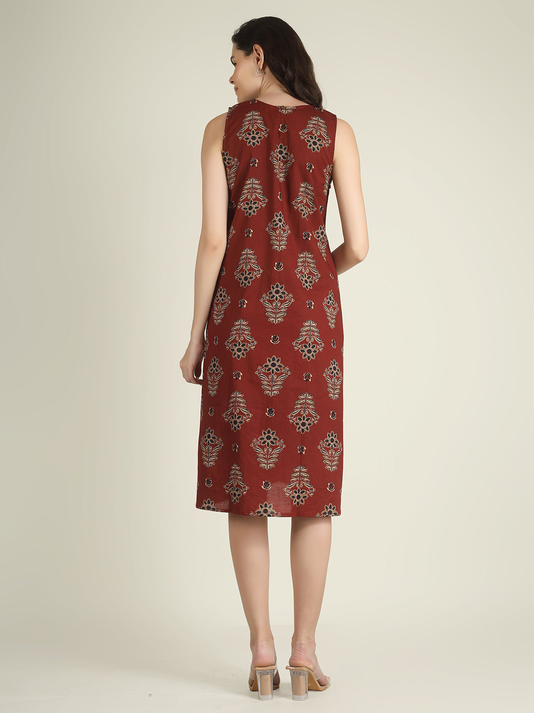 Maroon Printed Sleeveless A-Line Cotton Dress