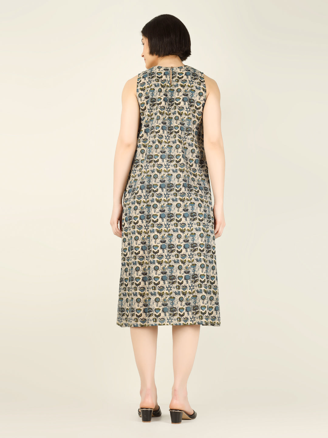 Green Printed Sleeveless A-Line Cotton Dress