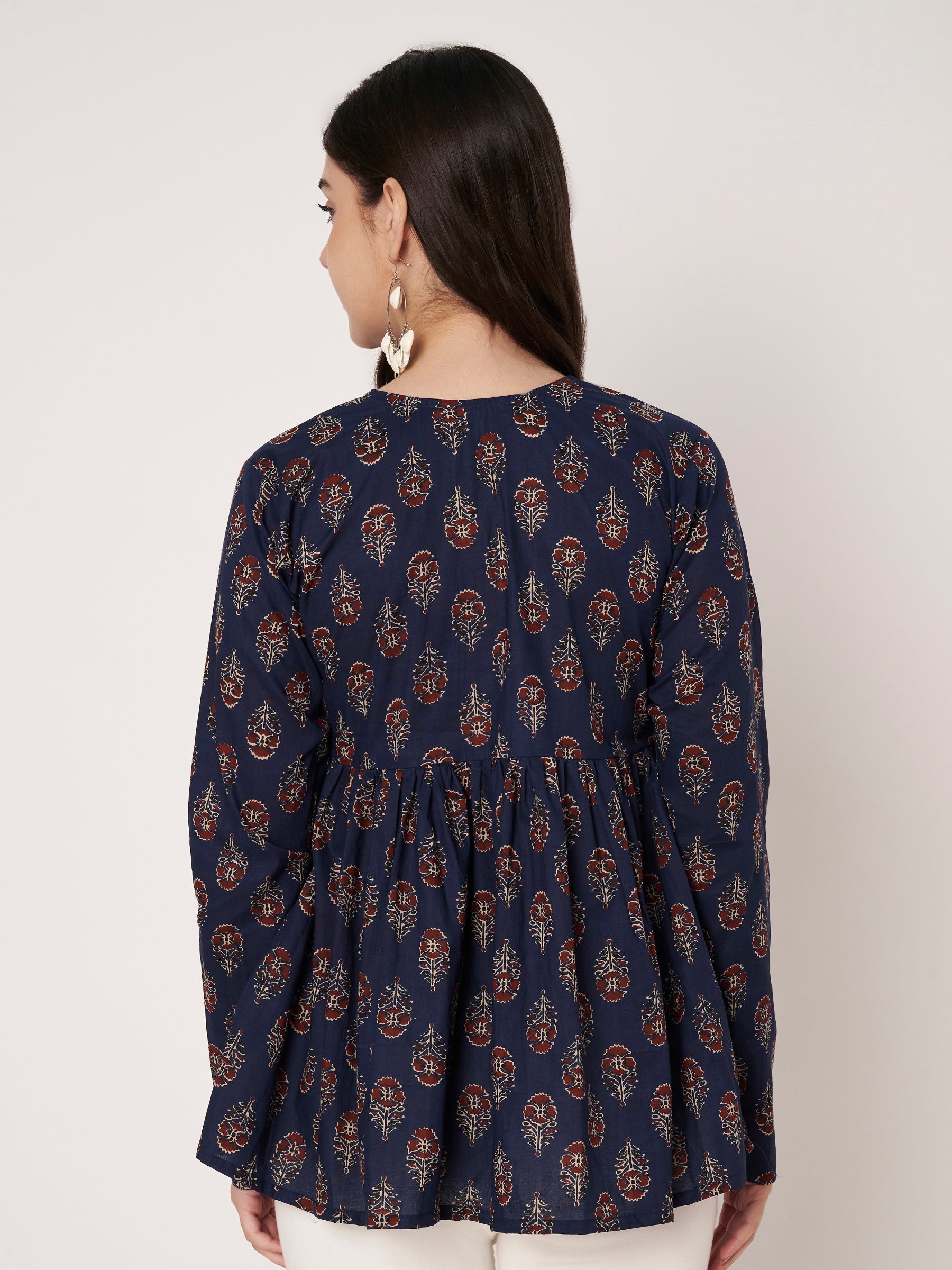 Navy Blue Printed Alia-Cut Cotton Top
