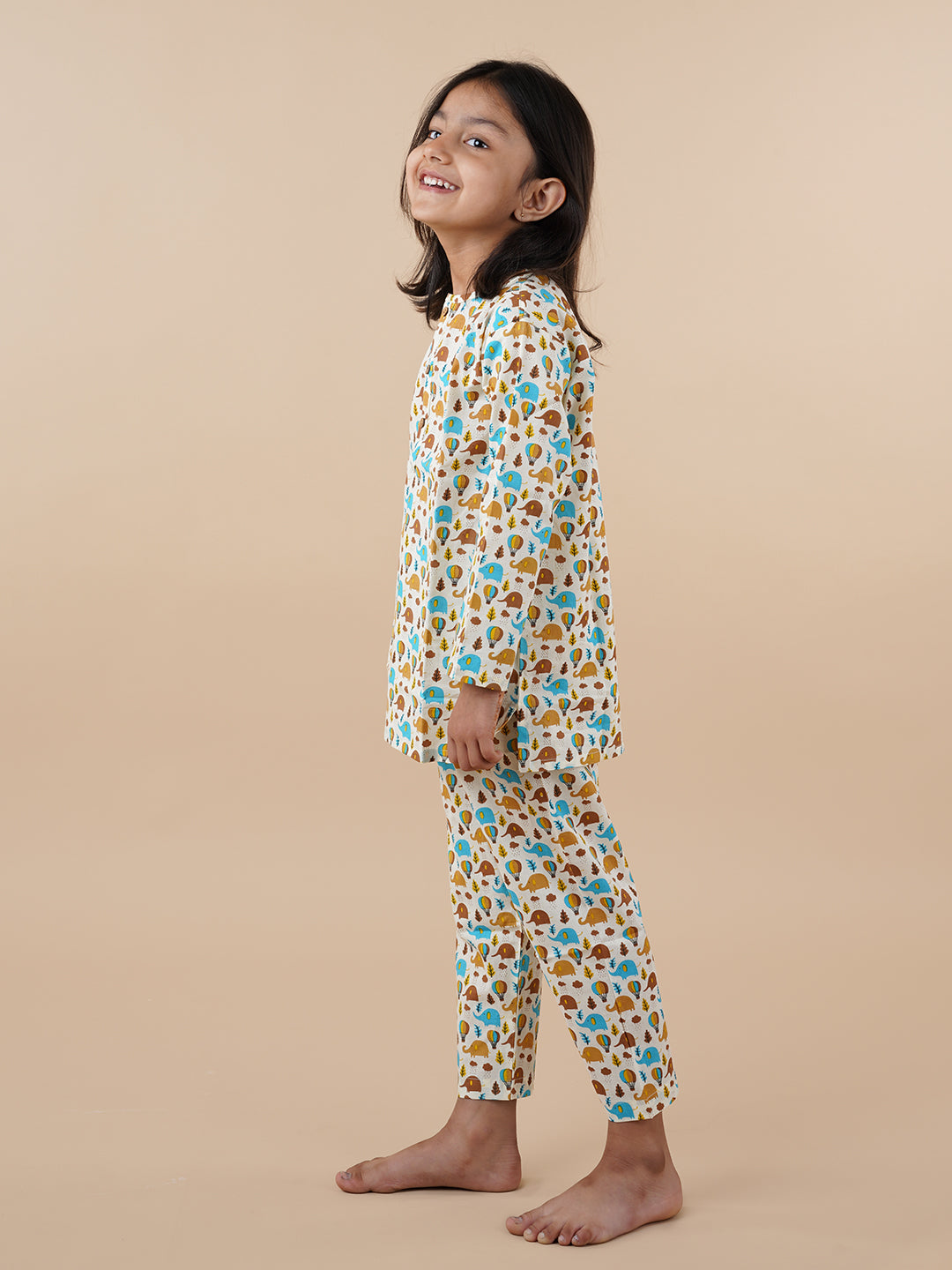 Blue and Brown Elephant Print Kids Cotton Kurta Pyjama Set