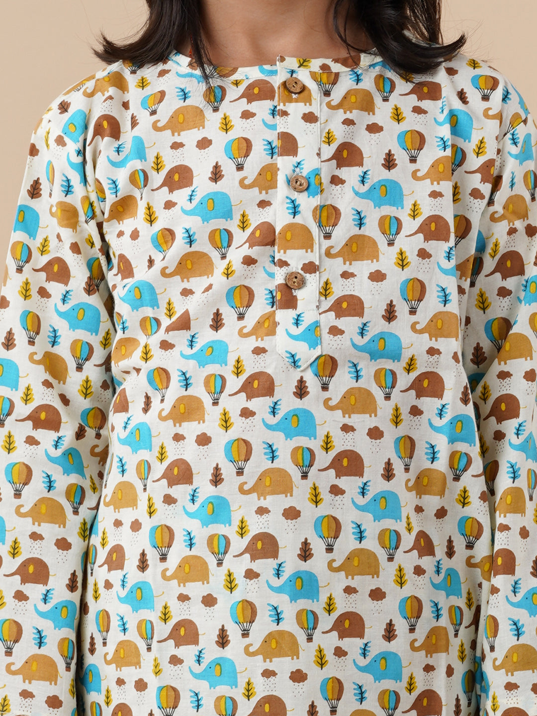 Blue and Brown Elephant Print Kids Cotton Kurta Pyjama Set