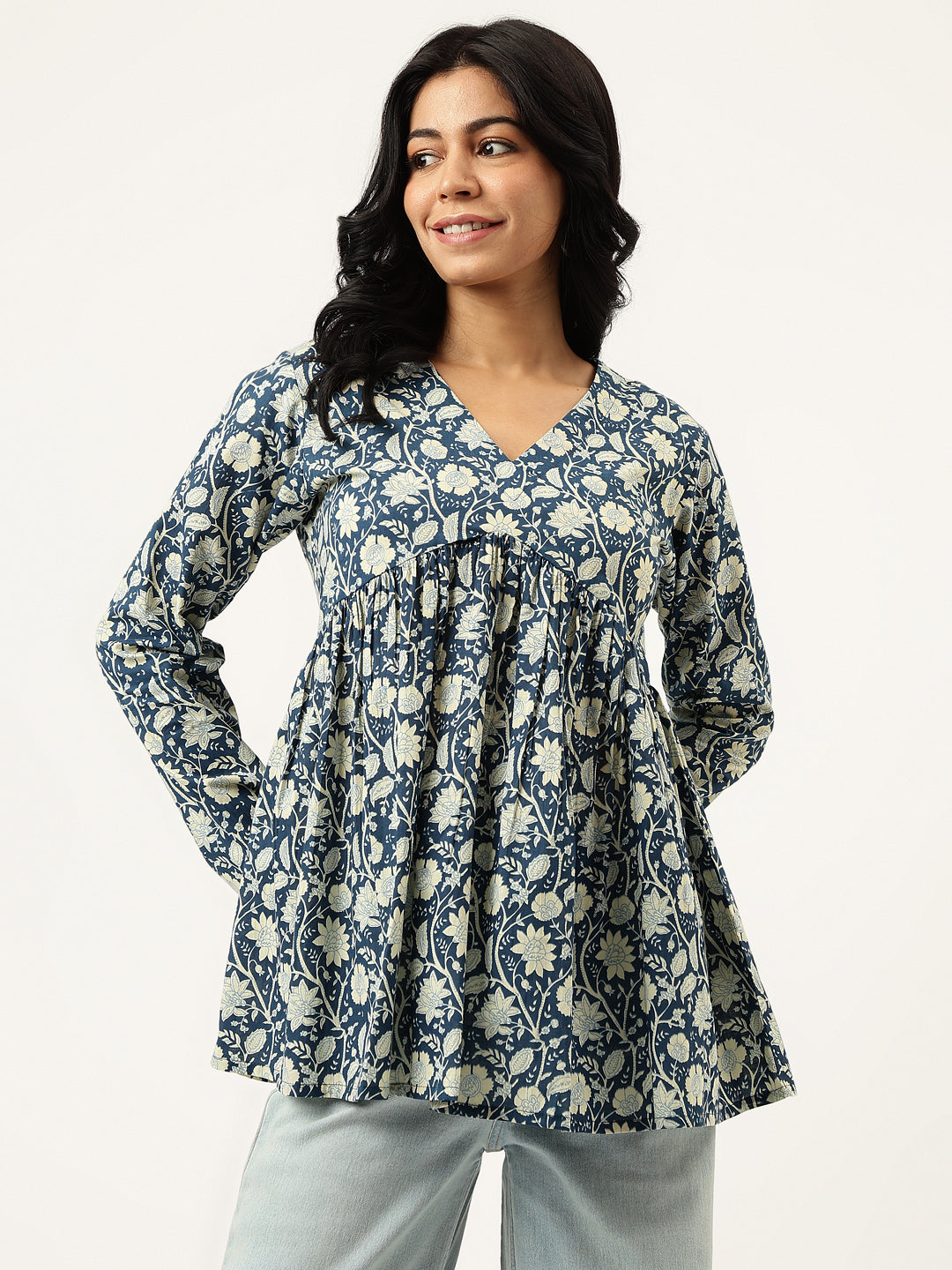 Blue Printed Full Sleeves Alia Cut Cotton Top