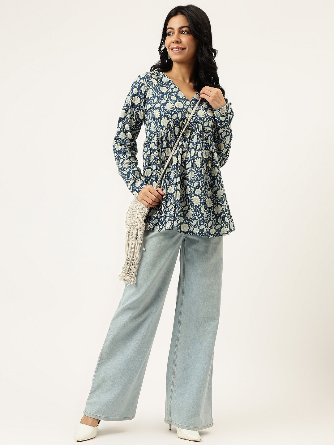 Blue Printed Full Sleeves Alia Cut Cotton Top