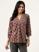 Maroon Printed V-Neck Cotton Top