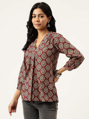 Maroon Printed V-Neck Cotton Top