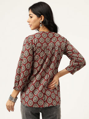 Maroon Printed V-Neck Cotton Top