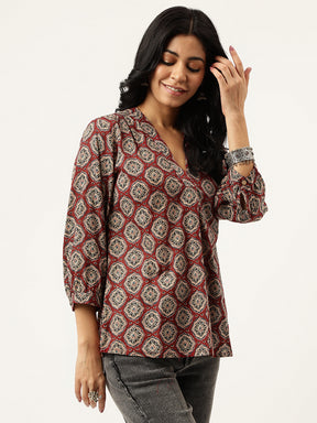 Maroon Printed V-Neck Cotton Top