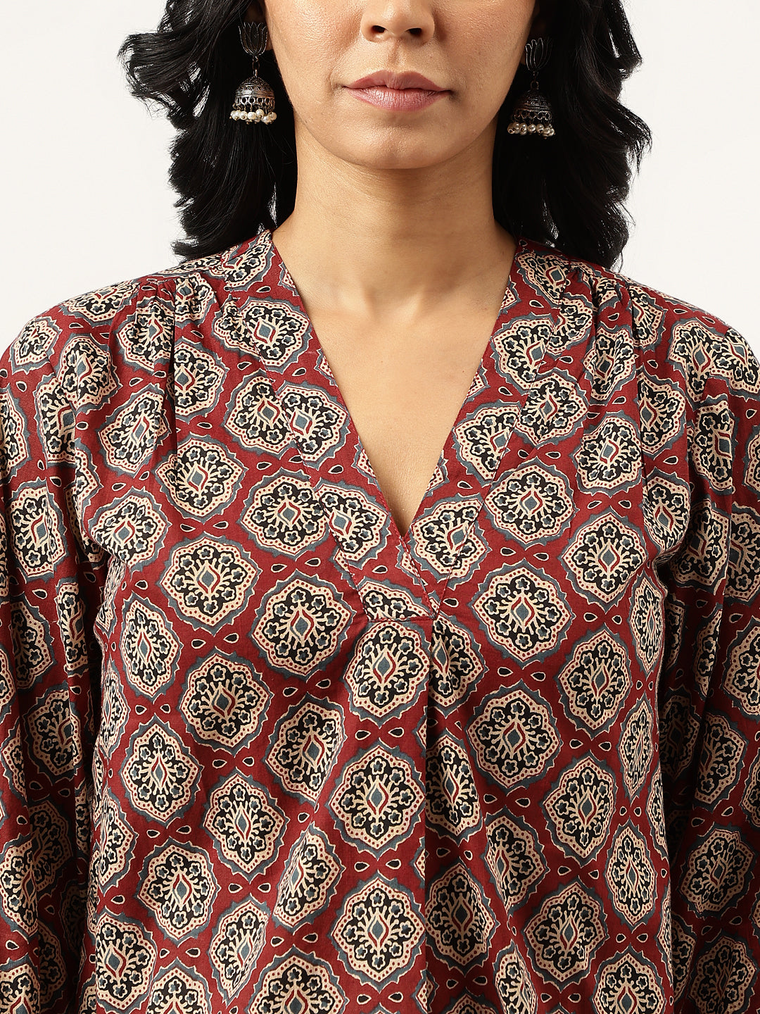 Maroon Printed V-Neck Cotton Top