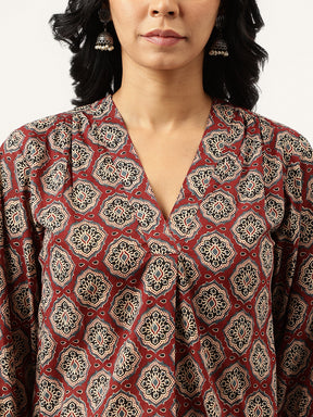 Maroon Printed V-Neck Cotton Top