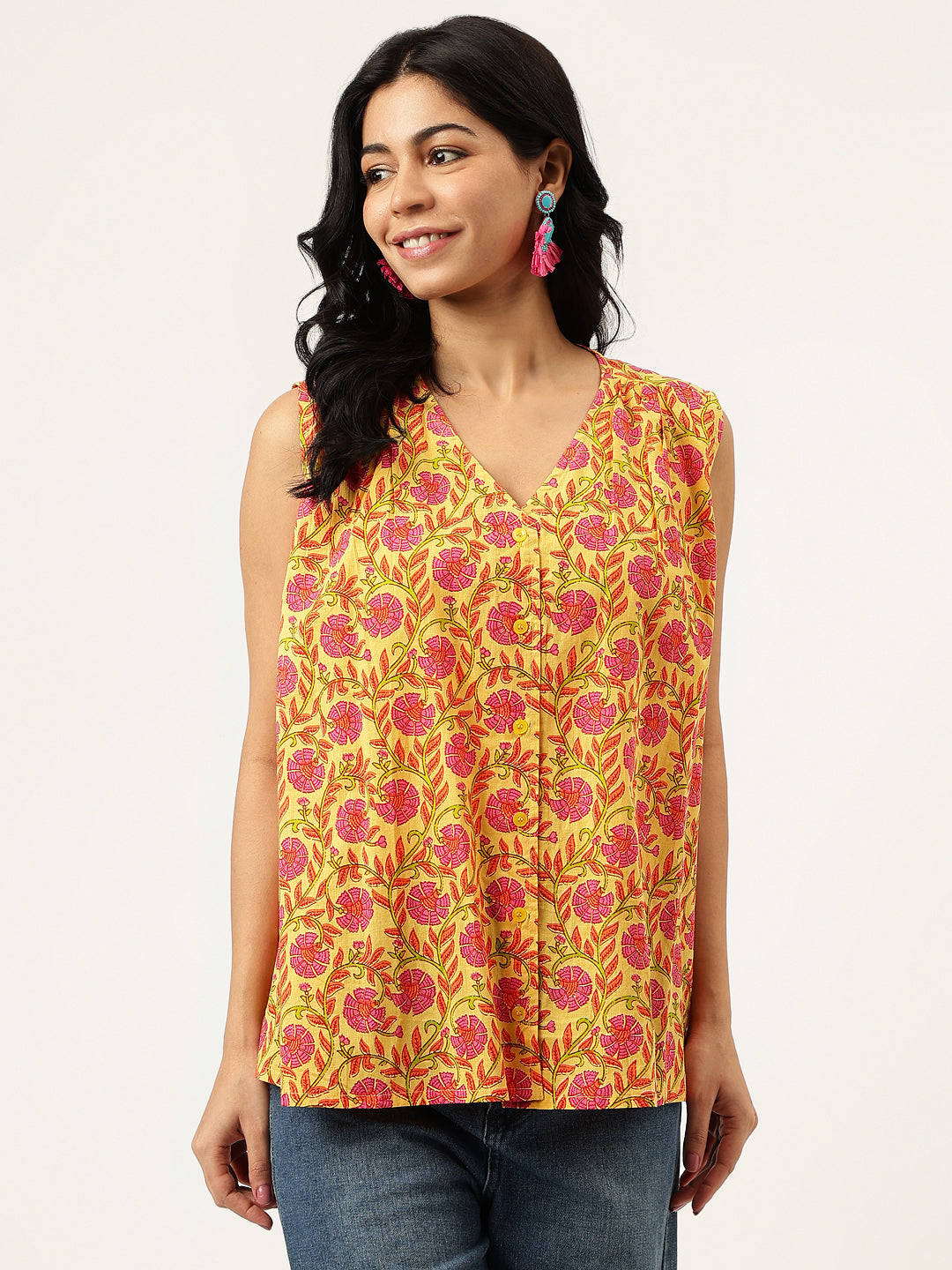 Yellow Printed Sleeveless Cotton Top