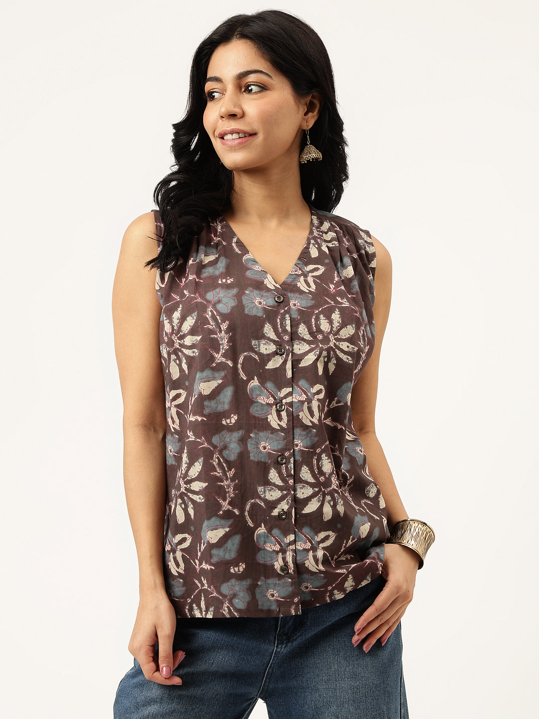 Black Printed Sleeveless Cotton Top