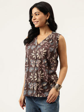 Black Printed Sleeveless Cotton Top