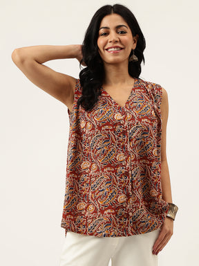 Maroon Printed Sleeveless Cotton Top