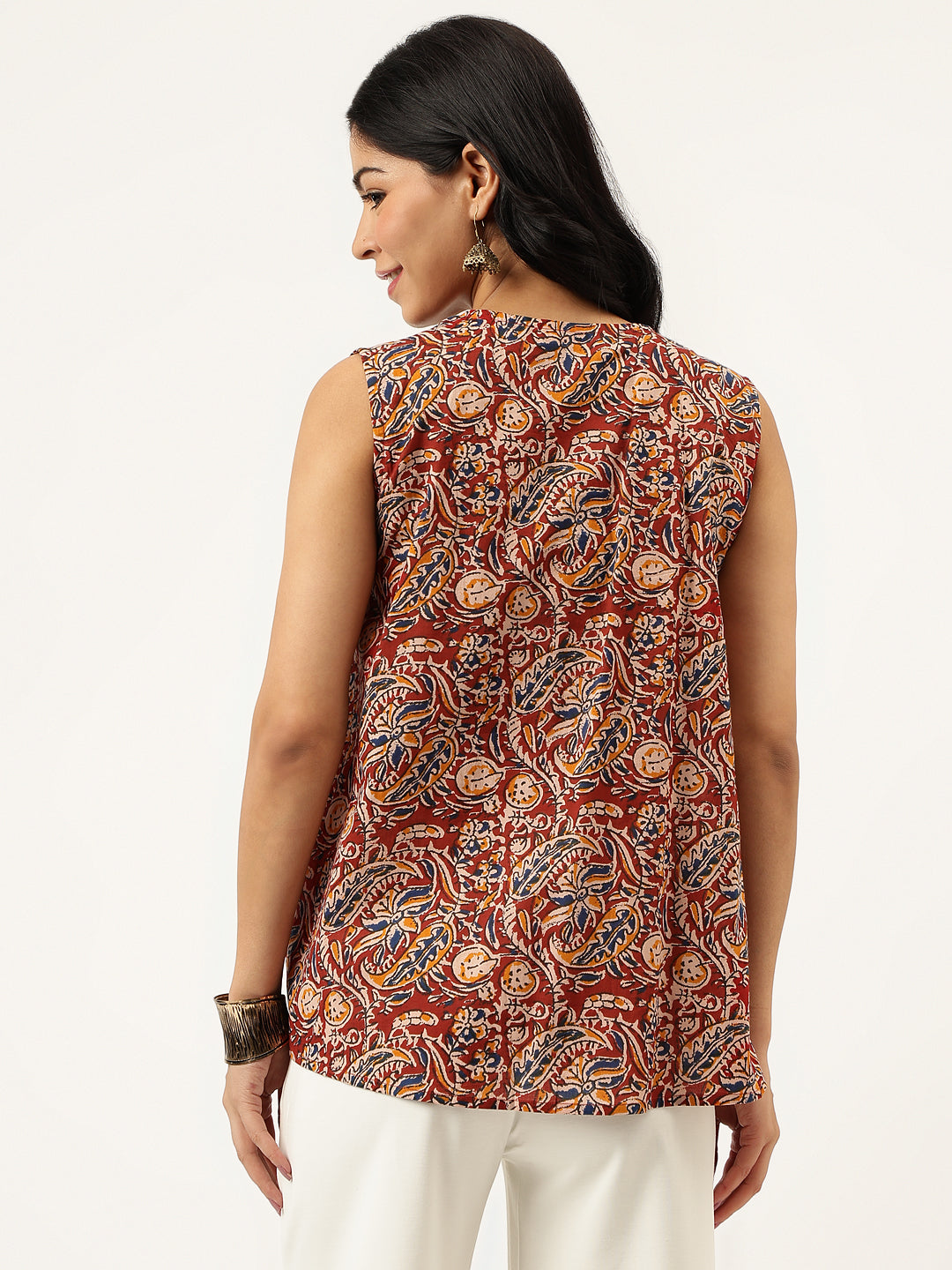 Maroon Printed Sleeveless Cotton Top