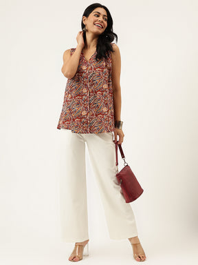 Maroon Printed Sleeveless Cotton Top