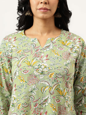 Light Green Printed A-Line Cotton Kurta Set