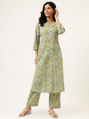 Light Green Printed A-Line Cotton Kurta Set