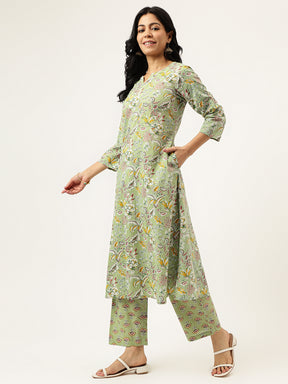 Light Green Printed A-Line Cotton Kurta Set