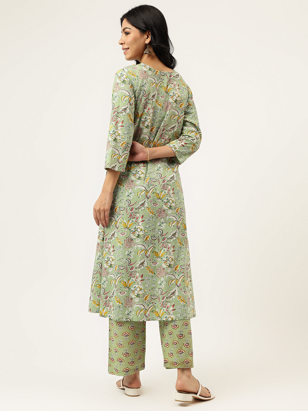 Light Green Printed A-Line Cotton Kurta Set