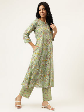 Light Green Printed A-Line Cotton Kurta Set