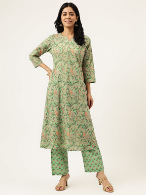 Pista Printed A-Line Cotton Kurta Set