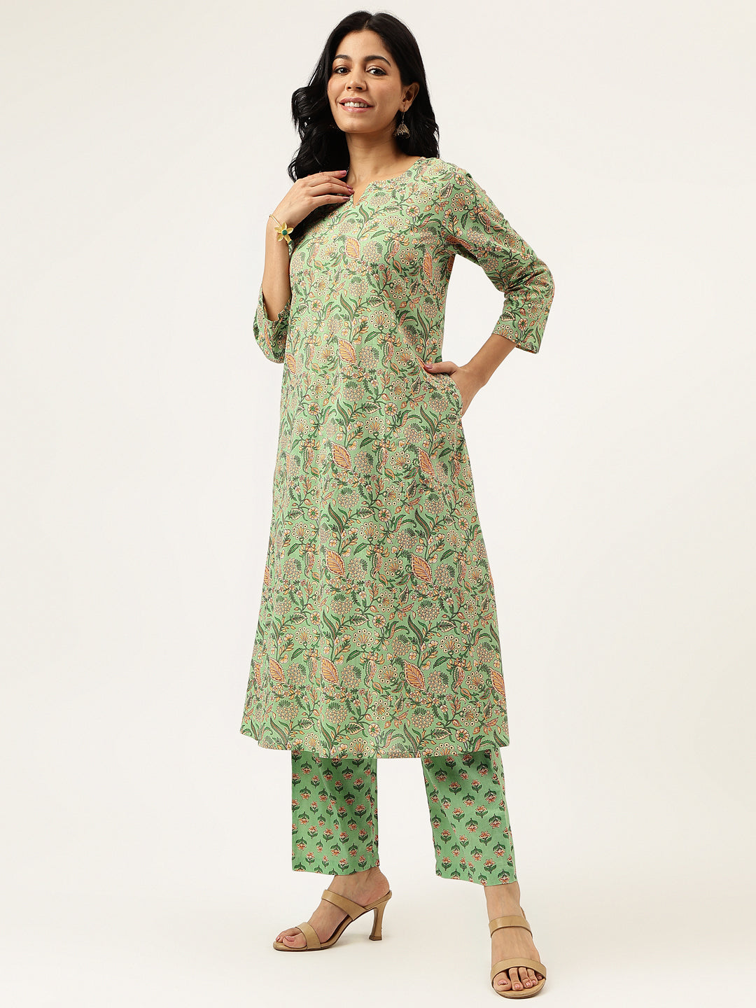 Pista Printed A-Line Cotton Kurta Set