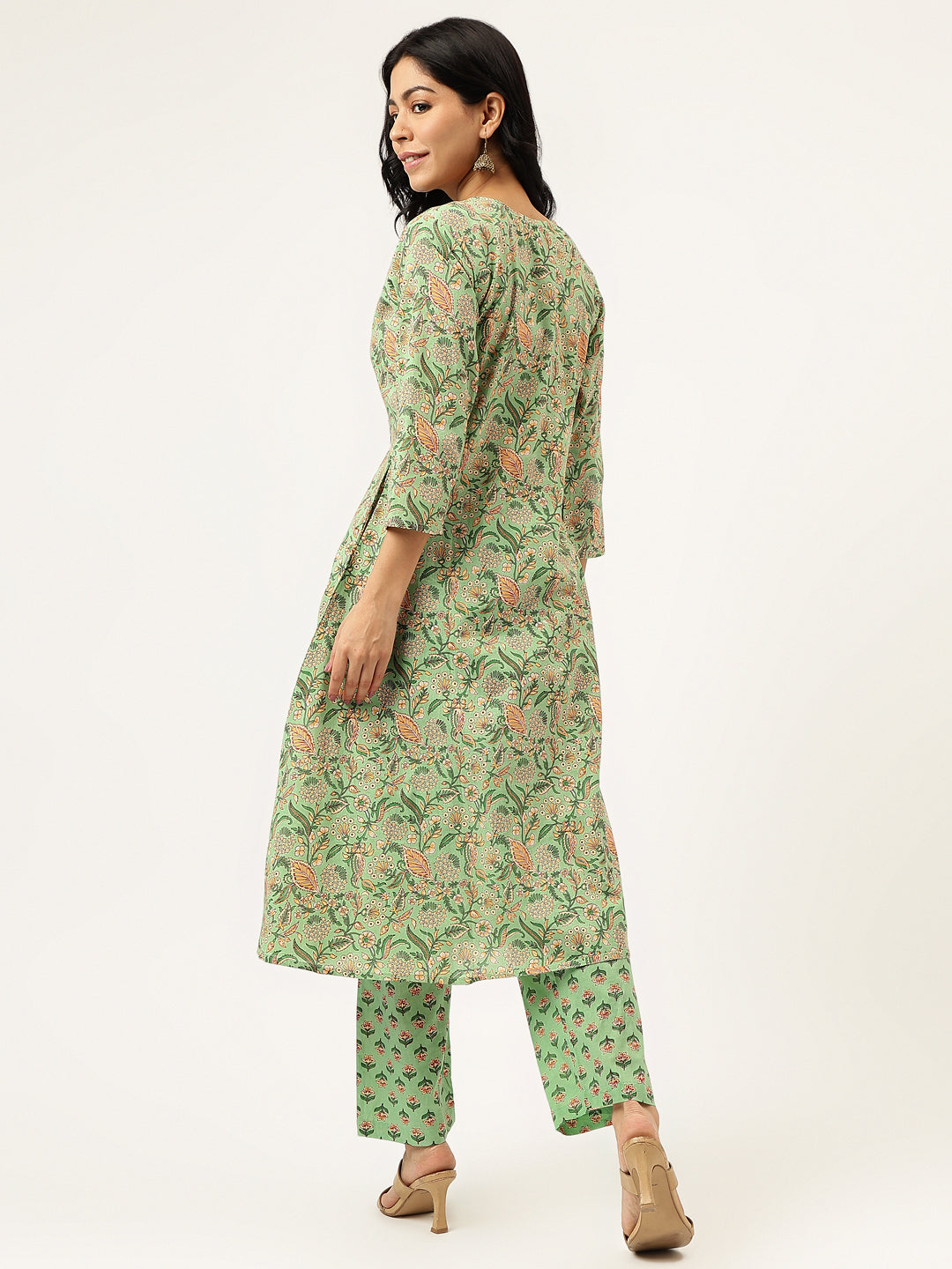 Pista Printed A-Line Cotton Kurta Set