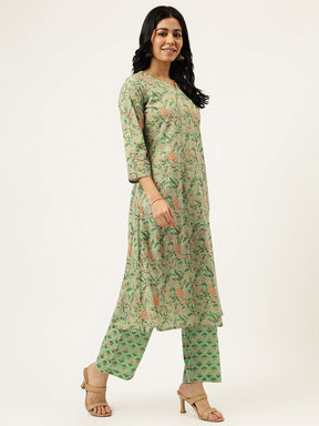 Pista Printed A-Line Cotton Kurta Set